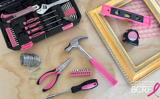 Apollo Tools 39 Piece General Household Tool Set in Toolbox Storage Case with Essential Hand Tools for Everyday Home Repairs, DIY and Crafts - Pink Ribbon - DT9711P
