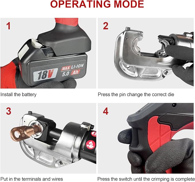 Electric Wire Cable Crimper 12TON Battery Powered Hydraulic Crimping Tool Range 6AWG to 800MCM with 12 Dies, Electricians for Circuit Repairs and Stainless Steel Deck Upgrades (HL-400B)