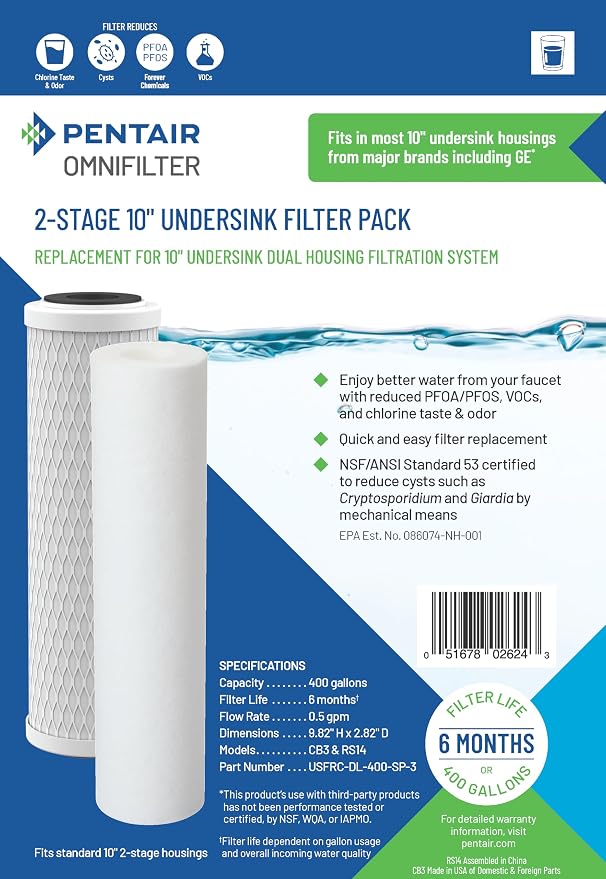 Pentair OMNIFilter 2-Stage Undersink Filter Pack, Replacement for 10" Undersink Dual Housing Filtration System