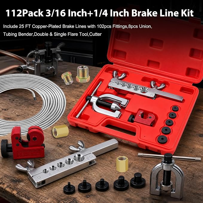 smseace 112Pack 3/16 Inch Brake Line Flaring Tool Kit Include 25 FT Zinc-Plated Brake Line Kit with 94pcs Fittings,8pcs Union,Tubing Bender,Double & Single Flare Tool,Cutter
