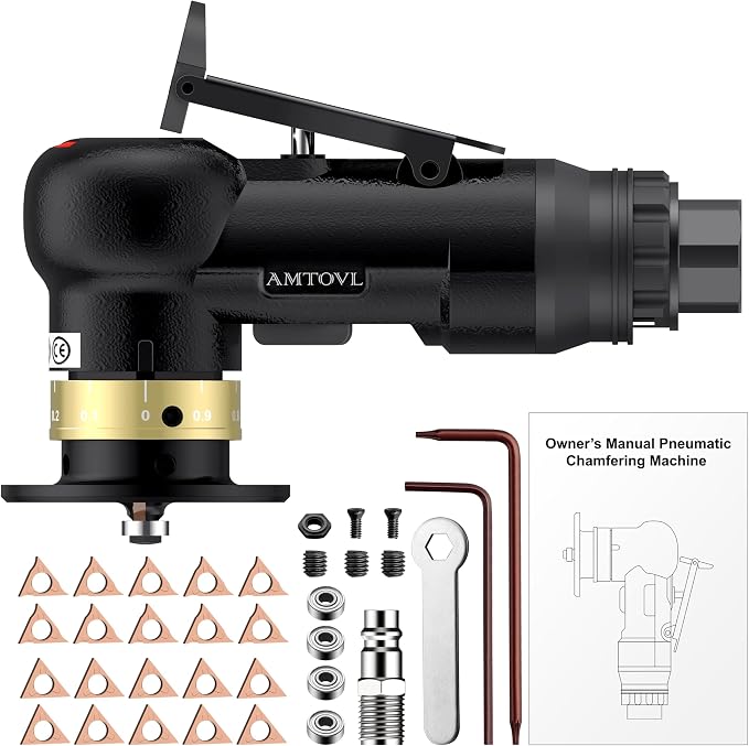 AMTOVL Pneumatic Chamfering Tool - Mini Air Chamfer Tool with 10 C-Angle & 10 R-Angle Blades, 45° 30000 RPM Chamfering Tool for Metal and Wood with 1/4" Air Inlet