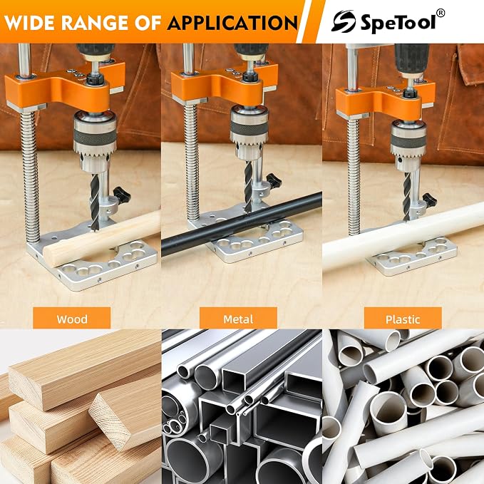 SpeTool S04003 Portable Drill Guide with Liner Ball Bearings, 0.004" High Precision Drill Guide for Straight Holes, All-Aluminum Base, Spring-Assisted Portable Drill Press for Woodworking & DIY
