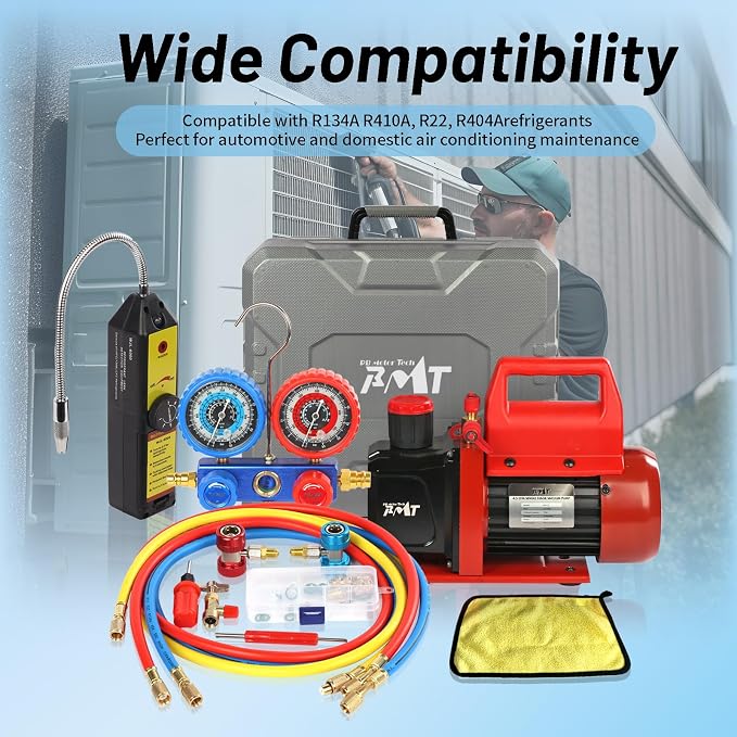 PB Motor Tech Vacuum Pump & Gauge Set - 4.5 CFM Pump with 3 Way Aluminum Manifold Gauge, with Leak Detector & PVC Storage Case - for R134A, R410A, R22, R404A Refrigerants & AC Maintenance