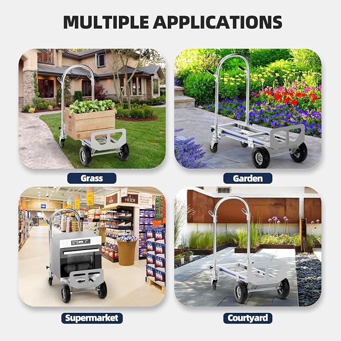 3 in 1 Convertible Aluminum Hand Truck Dolly, 1000 lb, Pneumatic Wheels | Heavy-Duty Frame, Upright, Tilted and Platform Modes for Appliances and Boxes, Compact Storage, Rolls on Uneven Ground