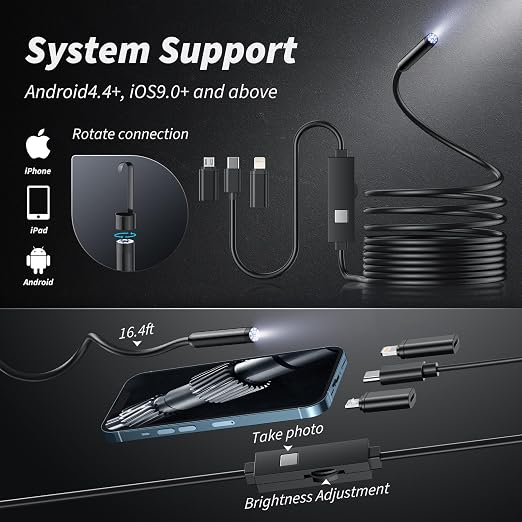 Endoscope Camera with Light, 1920P HD Bore Scope Borescope with 8 Lights, Waterproof 16.4FT Semi-Rigid Cord for Pipe Inspection, Industrial Endoscope for Phones(Black)