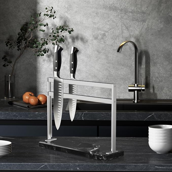 Magnetic Knife Block Stand - Marble Base Magnetic Knife Holder for Counter Top - Double Sided Knife Block without Knives - Stainless Steel Magnetic Kitchen knife holder - Black