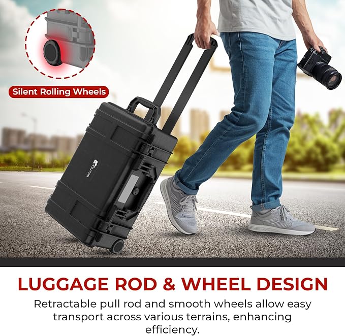 Reflex Camera Large Protective Rolling Hard Camera Case suitable for Drones, Lens, DSLR & Guns. Smooth Rolling Wheels, Waterproof IP67, Shockproof with Adjustable Compartments Dividers