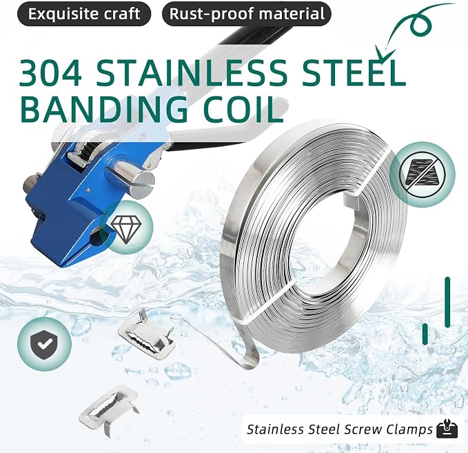 200 ft 304 Stainless Steel Banding Strapping Kit with 100 Steel Buckles & Tensioner Tool – Rust-Resistant Heavy Duty Pallet Strapping for Shipping, Construction, and Storage
