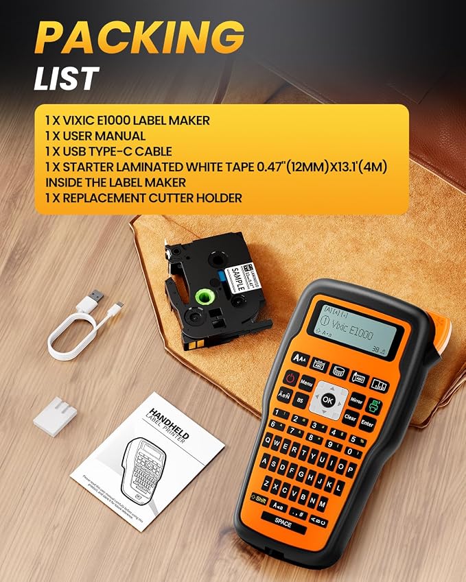 Vixic Label Maker Waterproof-Labels for Cable Wire Labeling, Industrial Heat Shrink Labeler Machine, E1000 Handheld Electric Labelmaker with Keyboard & Laminated-Tape for Electrician IT Network Office