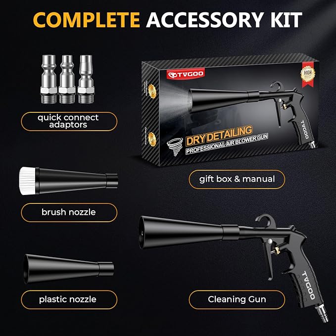Dry Car Detailing Cleaning Gun – Blast Away Dust & Debris in Seconds & Aluminum Alloy Body with 2 Nozzles for Car Detailing, Home & Garage Use, Works with Any Air Compressor