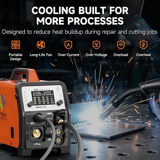 HITBOX Multifunctional Welder Plasma Cutter Combo, 200A 220V Aluminum Pulse MIG/Gas/Flux Core MIG/HF TIG/ 40A Plasma Cutter/Stick/Spot with 2T/4T, Synergy, Large Digital Display