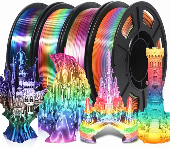 RepRapper Rainbow PLA Filament, Shiny Multicolor Silk PLA 1.75 mm Filament (+-0.03 mm), Sparkle Fast Change Multi-Color 250g*4 Sample Pack 3D Printer Filament for 3D Printer,250g*4
