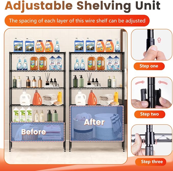 BestOffice | 6-Tier Wire Storage Shelves with Wheels | 18x45x82 | Black | Adjustable Racks | Heavy-Duty Metal Shelf, Holds Upto 2100 lbs | No-Tool Assembly | Ideal for Home & Garage Shelving