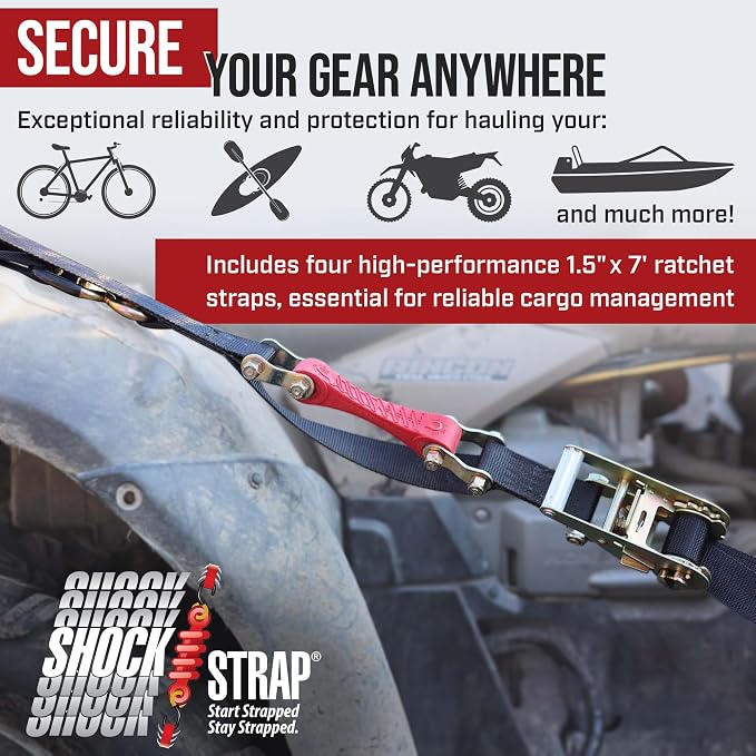 SHOCKSTRAP Ratchet Strap, 7’ x 1.5" Shock Absorbing Heavy Duty Tie downs for Cargo, 1,000 LB WLL / 3,000 LB Break Strength, 4-Pack
