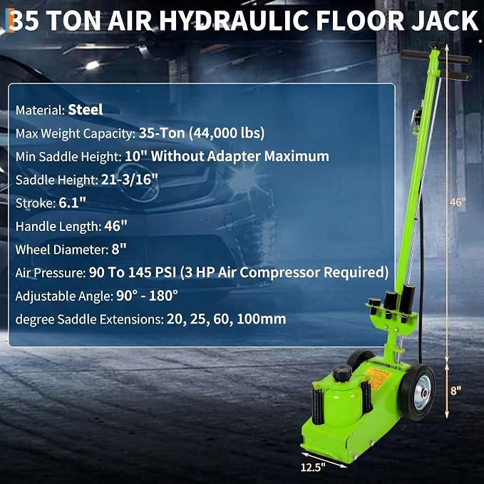 35 Ton Air Hydraulic Floor Jack, 77,000 LBS Capacity Heavy Duty Truck Jack for Trucks & Tractors, Low Profile 10 Inch, Dual Power Air/Manual Hydraulic, 4 Adapters & Adjustable Handle
