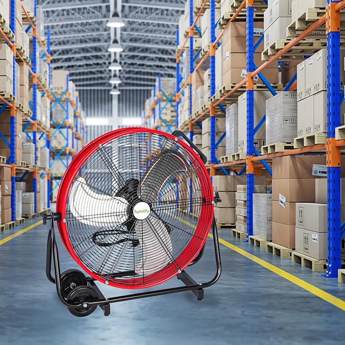hykolity 24 inch 8100 CFM High Velocity Industrial Drum Fan, 3-Speed Heavy Duty Metal Shop Fan for Warehouse, Garage, Workshops, Factory, UL Listed, Red