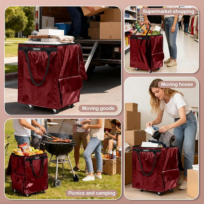 (Medium,Red) Reusable Grocery Bag on 4 Wheels, 70L Foldable Rolling Tote Bag with 3 Handles and Zipper, Rolling Shopping Cart for Groceries, Storage, Laundry, Travel, Organizer, 76lb