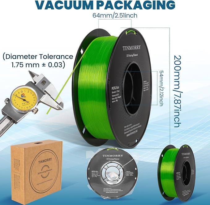 TINMORRY PETG Filament 1.75, Rapid PETG-Eco 3D Printer Filament, Compatible with Most FDM 3D Printers, 1 KG 1 Spool, Transparent Green