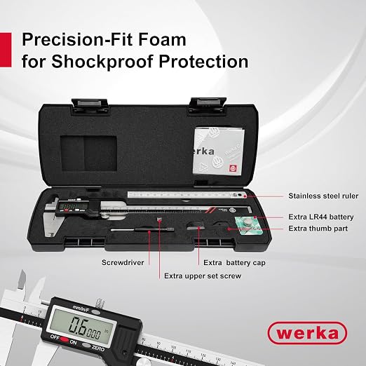 werka Digital Caliper, Calipers Measuring Tool, Auto-Off Micrometer Caliper with 0.001”High-Accuracy,Inch/Fraction/Millimeter Conversions Button,4 Measuring Ways, Stainless Steel (8 Inch)