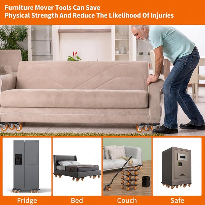 Upgraded Heavy Duty Furniture Dolly 360° Rotating 5 Orange Wheels, Alloy Steel Furniture Movers Up to 3748 lbs/1700 Kg Load Capacity with Measure Tape and Leveler (8.6x7.8 in)