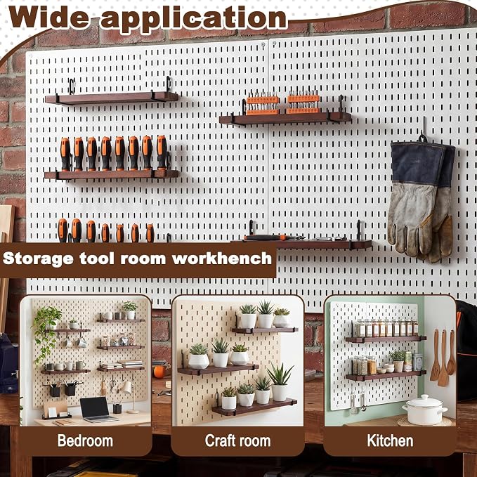 Novabright 6 Pcs Walnut Color Pegboard Shelves Set with Metal Brackets Hooks 11.8 x 4'' Wall Wooden Pegboard Shelving Heavy Duty Accessories for Crafts Office Garage, Compatible with IKEA Skadis