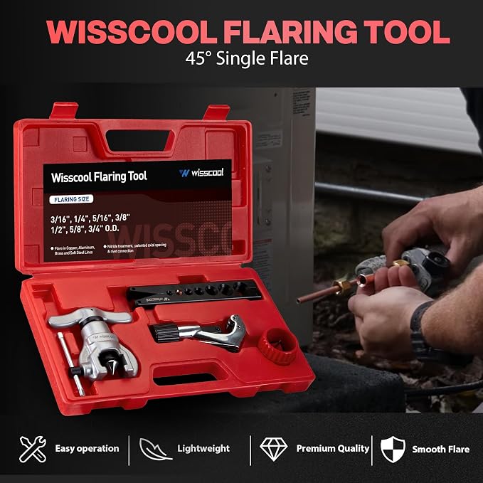 Wisscool Eccentric Flaring Tools Set and Tube Cutter Dedurring Tool Kit 7 Dies Sizes 3/16-3/4 inch 45 Degree Angle Eccentric Cone for Copper Brass Aluminum Mild Steel HVAC Refrigeration Plumping Work