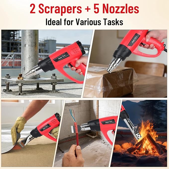 1800W Heat Gun for DIYers, Crafters & Electronics Repair – 140°F~1112°F Variable Temp, 1.5s Fast Heat, 5 Nozzles, 2 Scrapers, Overheat Protection, Hands-Free Stand | Shrink Tube, Resin, Vinyl Wrap