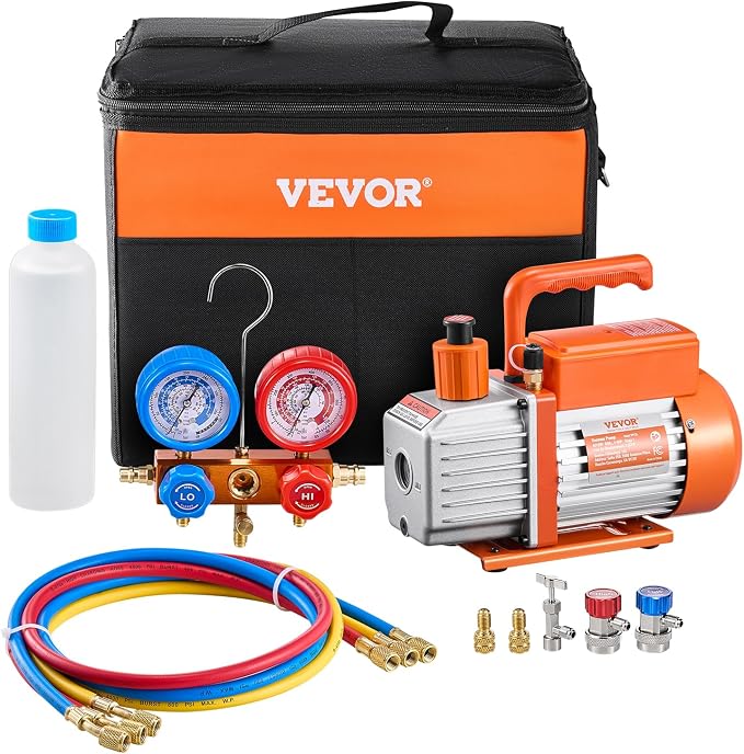 VEVOR 3.5 CFM AC Vacuum Pump and Gauge Set, Single Stage Rotary Vane HVAC Air Vacuum Pump, A/C Refrigerant Manifold Gauge Kit, with Hoses, for R134a, R12, R22, R502a, R410A, R404, R407C Refrigerants