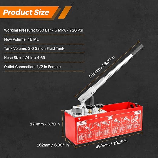 BEAMNOVA Hydrostatic Test Pump 3.17 Gallon Hydraulic Manual Water Pipe Leakage Pressure Tester Kit with Gauge Tank