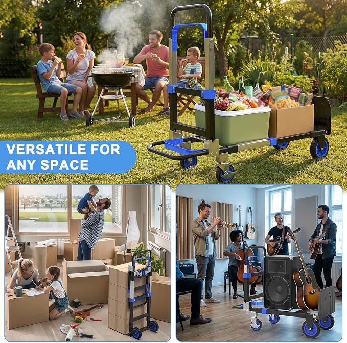 3-in-1 Folding Hand Trucks, 500lbs Convertible Dolly, Dolly Cart with Wheels Heavy Duty, Moving Cart with Retractable Handle, Collapsible Trolley for Moving Office/Home/Warehouse/Boxes/Cartons (Blue)