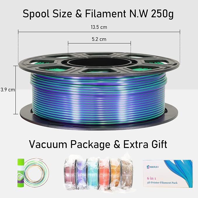 MIKA3D 6 Spools Bicolor Dual Color 1.75mm 3D Printer Filament Bundle, 3D Printing Silk PLA, Silk Black-Purple/Purple-Gold/Black-White/Black-Orange/Red-Blue/Black-Red, 3D Printing PLA 250g X 6 Spools