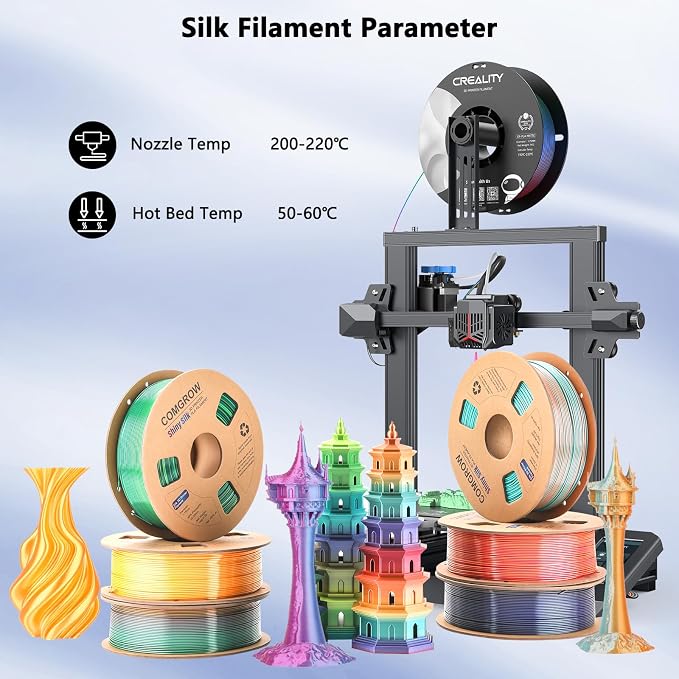 Comgrow Silk Shiny Rainbow Multi-Color 3D Printer Filament, Comgrow 3D Printing Materials Silk PLA 1.75mm, 3D Printing Filament +/-0.02mm, 250g X 4 Spool