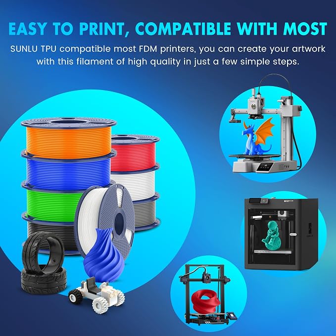 SUNLU TPU 3D Printer Filament 1.75mm, High Speed 95A TPU Filament, Flexible 3D Filament for Fast Printing, Dimensional Accuracy +/- 0.03mm, (250g Black+White+Grey+Red+Transparent+Blue+Green+Orange)