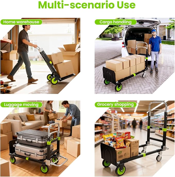 3-in-1 Convertible Heavy Duty Folding Hand Truck Dolly, 600LB Capacity with Rubber& Wheels Telescoping Handles, Portable Collapsible Cart for Warehouse, Supermarket, Office (Green)