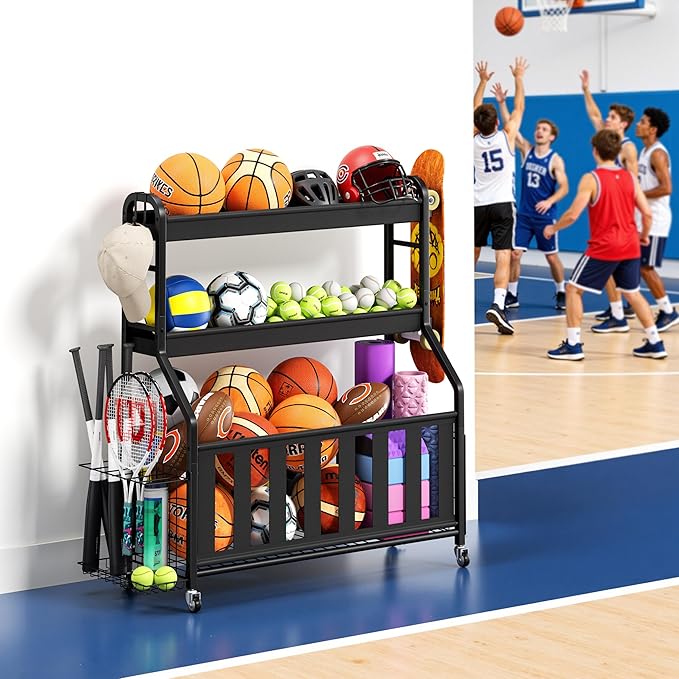 Sports Equipment Organizer, Large Capacity Garage Ball Storage Rack with Wheels, Heavy-Duty Rolling Ball Cart for Basketball, Soccer & Sports Gear