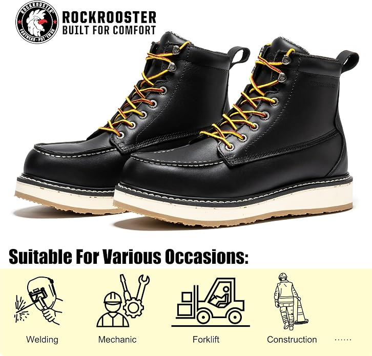 ROCKROOSTER Trinidad 6" Black Steel Toe Wedge Work Boots for Men, Durable Leather Welted Moc Toe Heritage Men's Safety Boots SAP2301 VAP2301
