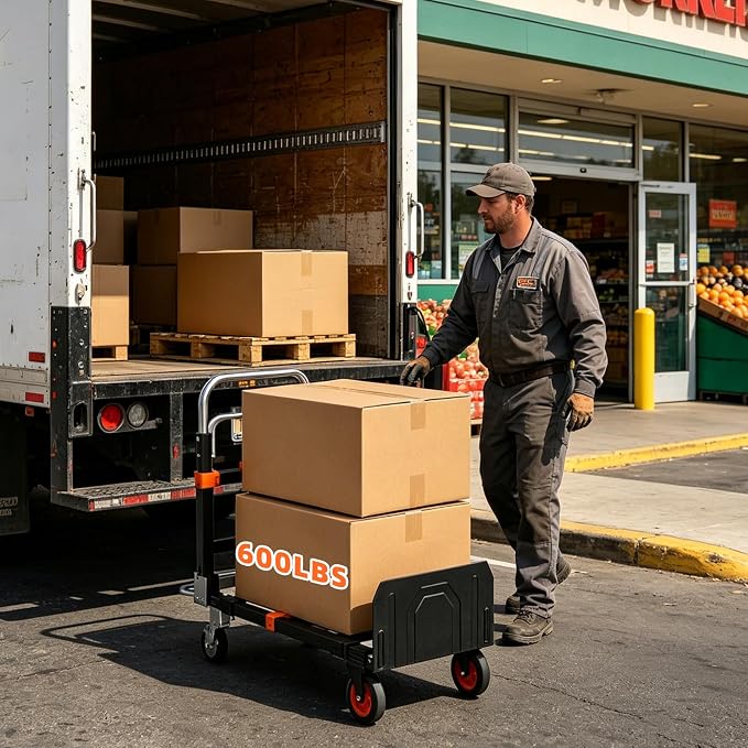 3 in 1 Hand Truck, 600Lbs Capacity, Heavy Duty Collapsible Cart with Retractable Handle, Dolly Cart with 2 Universal Wheel with Brake for Moving Home, Office, School, Shopping, Warehouse, Orange