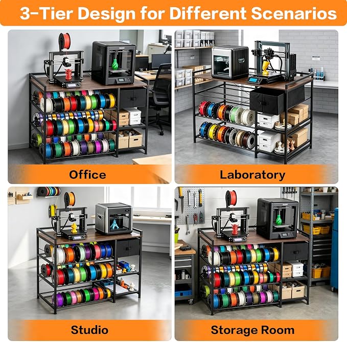 3D Printer Stand with Filament Storage Rack, Heavy Duty Metal Frame Workstation, 3-Tier 3D Printer Table with Tool Shelf for Stable Printing, Home Office Workshop Garage