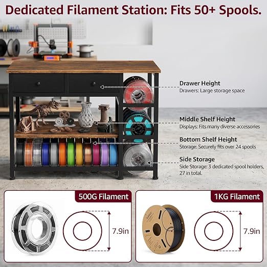 3D Printer Stand with Storage,3-Tier Heavy Duty 3 D Printer Table Shelf with 2 Fabric Drawers, 3 D Printing Desk for Tools and Supplies (Brown)