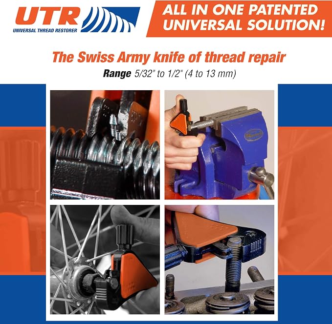 UTR - Universal Thread Restorer. External Thread Repair Tool. Easily Replaces hundreds of Dies. Automatically chases threads within range 5/32" - 1/2",4-13 mm. All In One Patented Universal Solution!
