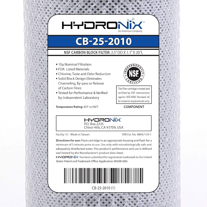 Hydronix HX-CB-25-2010/3 Universal NSF Coconut Activated Carbon Block Water Filter, 2.5" x 20" - 10 micron - 3 Pack