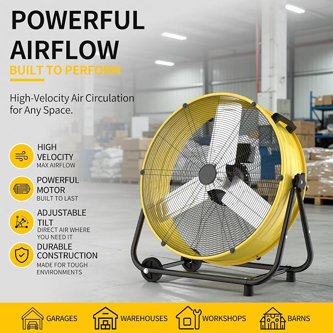 Uthfy 24 Inch High Velocity Industrial Fan, 8800CFM Heavy Duty Shop Fan,3 Wind Speeds, 360° Tilt Metal Outdoor Fan with Wheels for Patios, Warehouse, Workshop, Factory and Gym