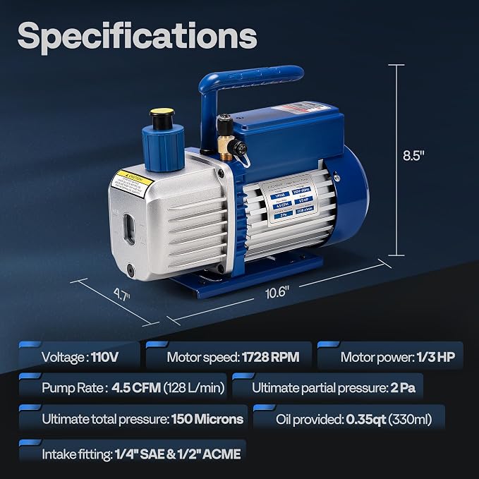 VIVOHOME 1/3 HP 4.5 CFM 1 Stage A2L HVAC Vacuum Pump, Sparkless Motor for R32 R1234yf R454B R134a R22 R410a Systems, Auto AC Vacuum Pump for Air Conditioner Refrigeration Maintenance with Oil Bottle