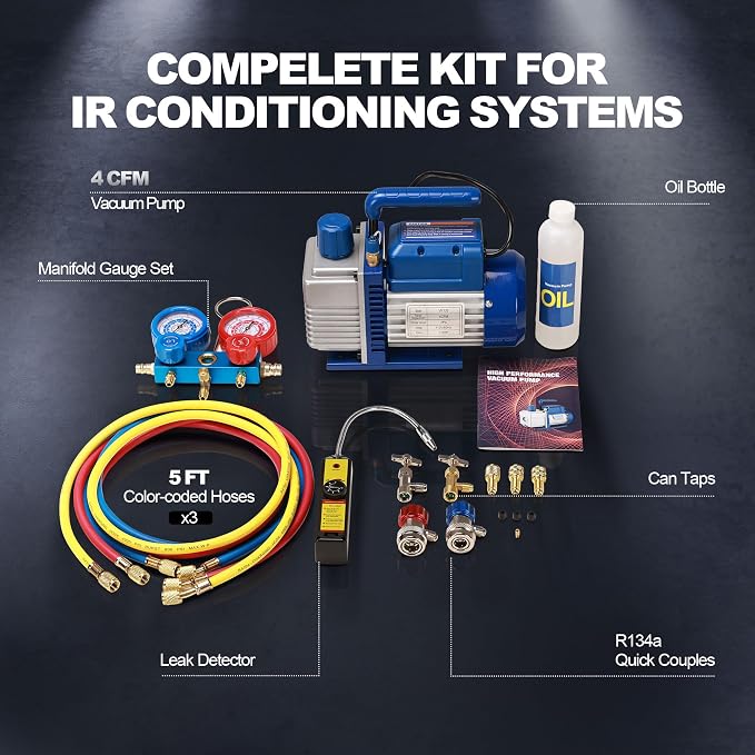 4CFM 1/3 HP Single Stage Rotary Vane AC Air Conditioning Vacuum Pump Kit with Manifold Gauge Set Hoses and Leak Dectactor for HVAC Automotive and Household Refrigeration Systems