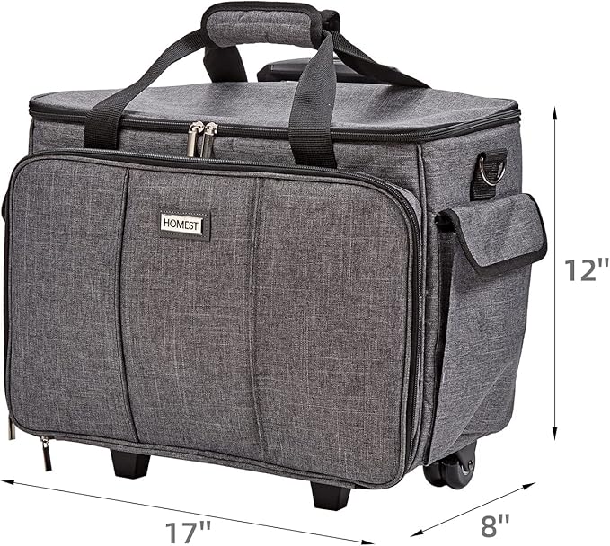 HOMEST Sewing Machine Rolling Case with Wheels and Storage Pockets | Fits Singer and Brother machines, rolling wheels and storage pockets help carry sewing accessories, Grey