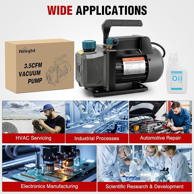 Nilight HVAC Vacuum Pump, 3.5 CFM 1/4 HP 110V Single Stage AC Vacuum Pumps Kit for R22 R404a R134a R410a 5 Pa Ultimate Vacuum for Auto Air Conditioning Servicing Refrigerant Recharging, Oil Included