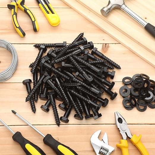 Tandefio 200 Pack 1/2''x 3'' Hex Head Lag Bolts for Wood Ceramic Black Lag Screw Kit with Washers Heavy Duty Hot Dip Galvanized Coating Double Layer for Decks Fences