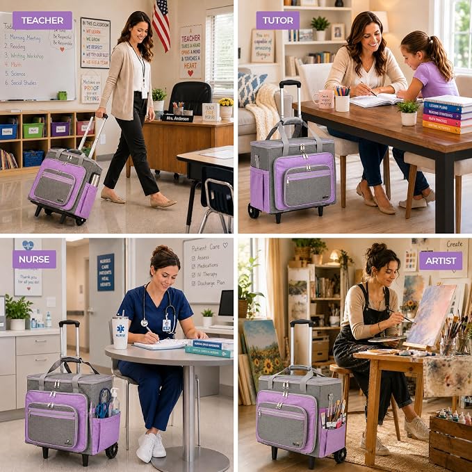 Upgraded Rolling Bag with Detachable Dolly, Heavy Duty Wheeled Teacher Bag, Multifunctional Rolling Briefcase for Work, Office, Craft Storage & Travel (Purple)