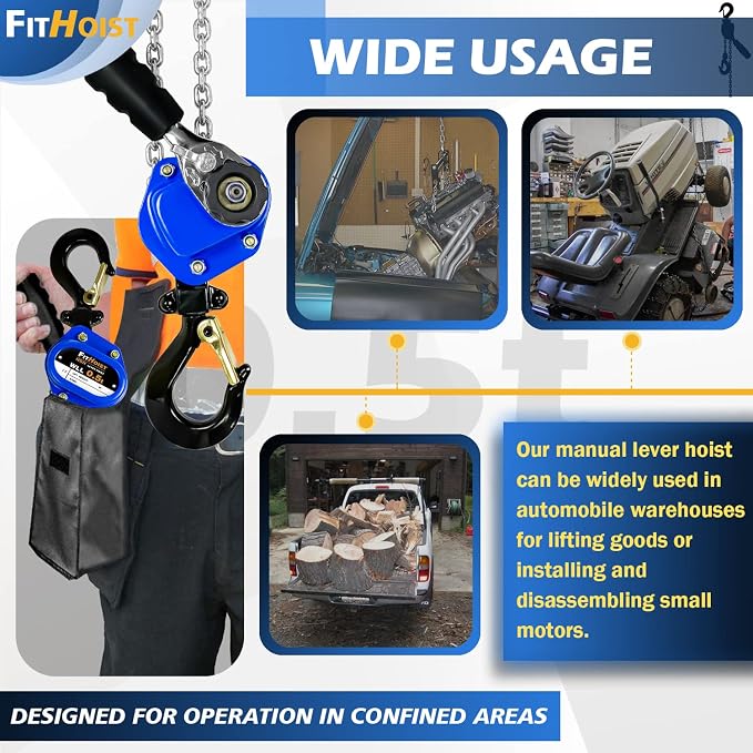 Mini Chain Hoist 1/2 Ton 1100Lbs Capacity 5Ft Lift Manual lever chain hoist Alloy Steel G80 Chain 2 Heavy Duty Hooks, for Garages Warehouse Automotive Machinery