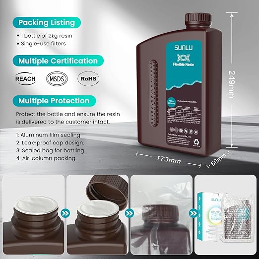 SUNLU Flexible 3D Printer Resin, 70A 3D Printing Resin for Printing Soft and Flexible Items, Bendable and Not Brittle, Fast Curing 405nm UV Photopolymer Resin. 1000G Gray